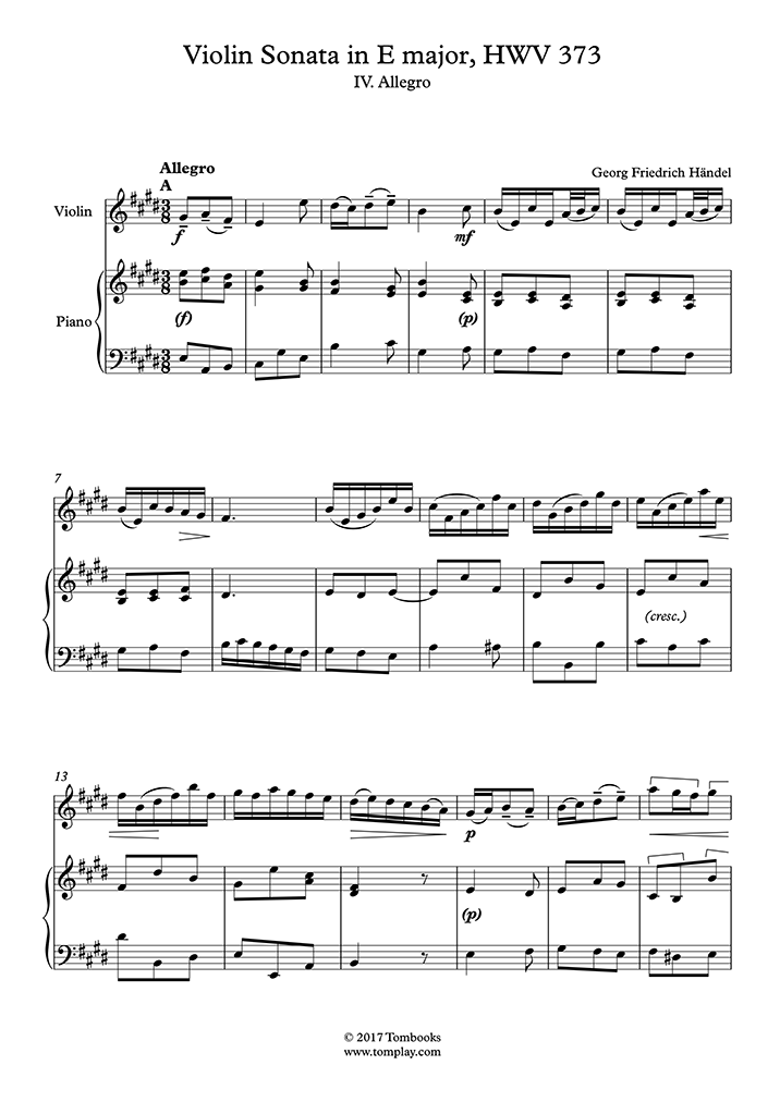 Partitions gratuites HWV 373, (Haendel, Friedrich) Violin Sonata